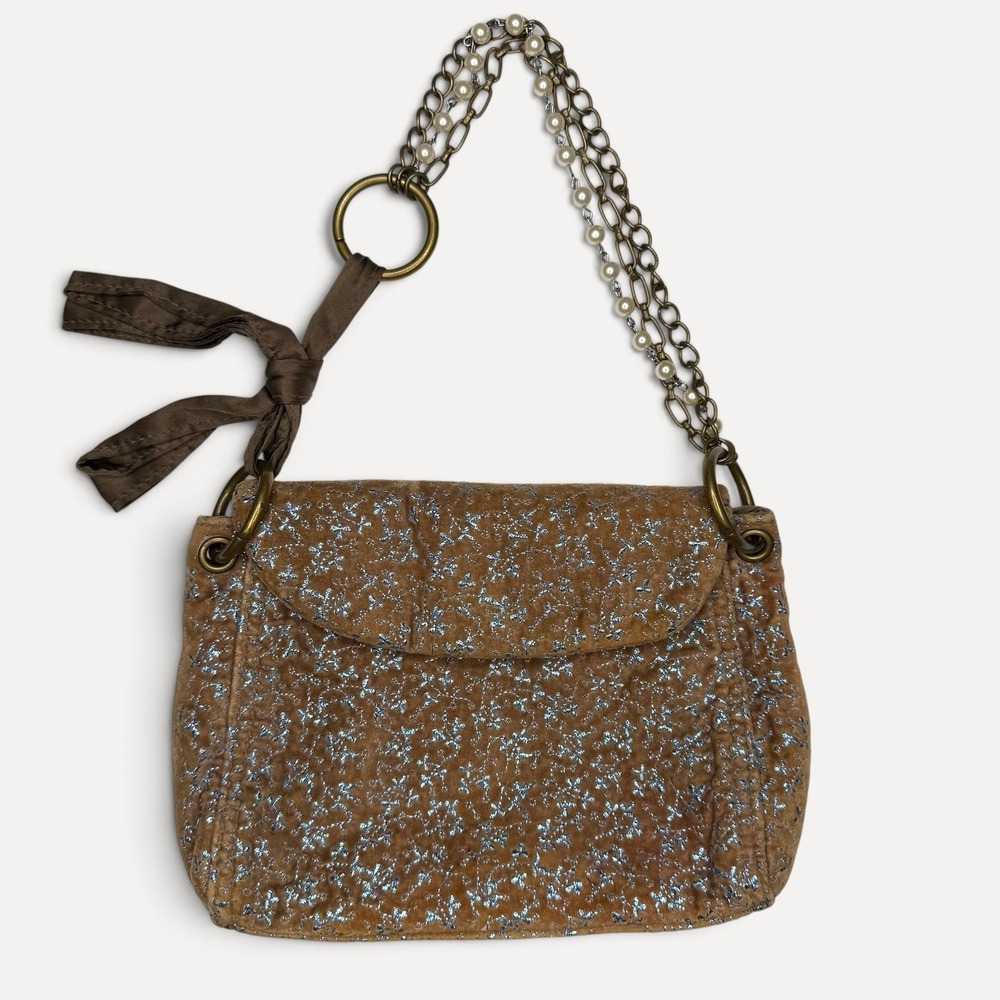 Gap Y2K 2004 Velvet Floral Pearl Chain Shoulder Hand Bag Brass Hobo Purse
